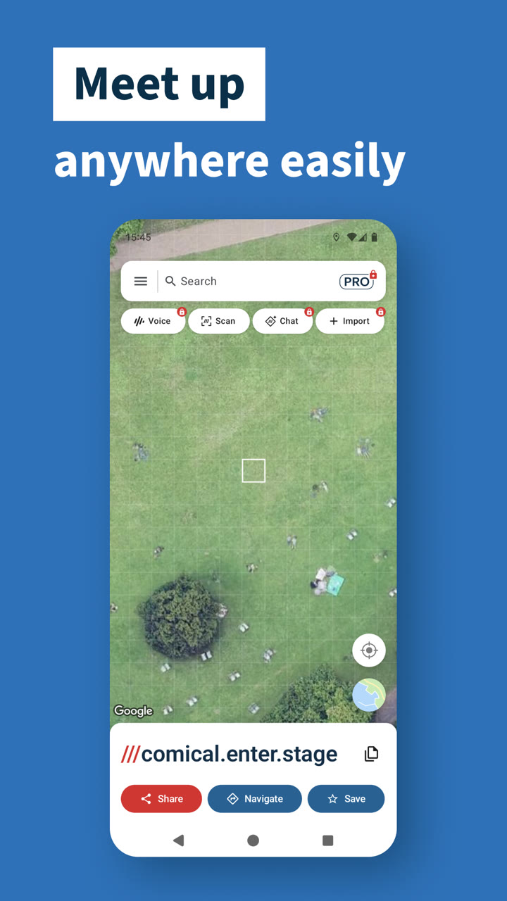 what3words store screenshot: the main map screen with search, a selected square and its what3words address